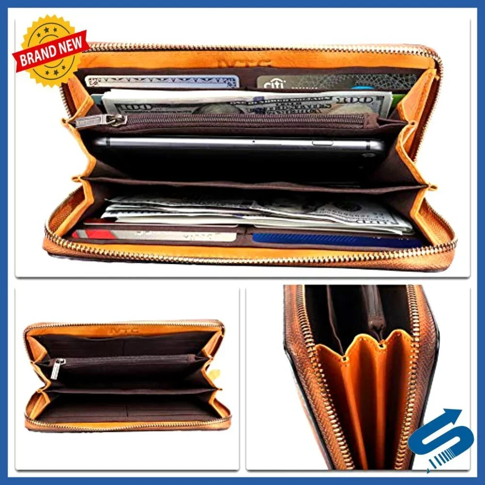 Genuine Leather Small Clutch Wallet with 8 Card Slots and Zipper Pocket